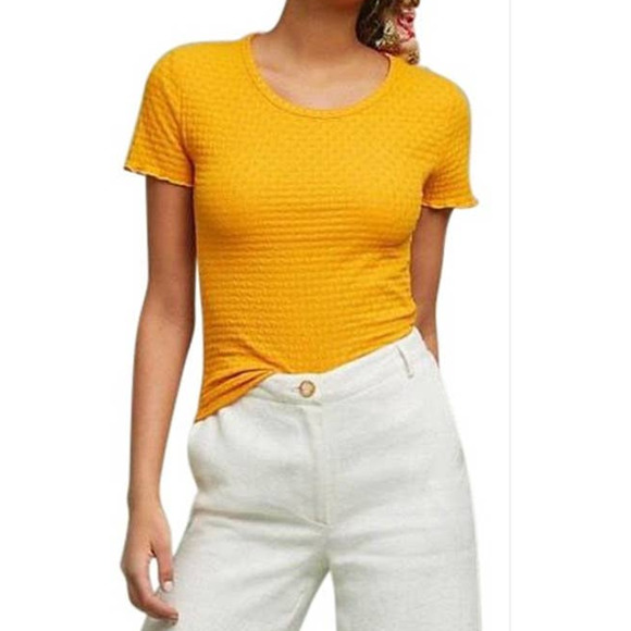 Anthropologie Tops - Anthropologie Saturday Sunday Medium Top Knit Tee Yellow Textured Ruffle Hem 328